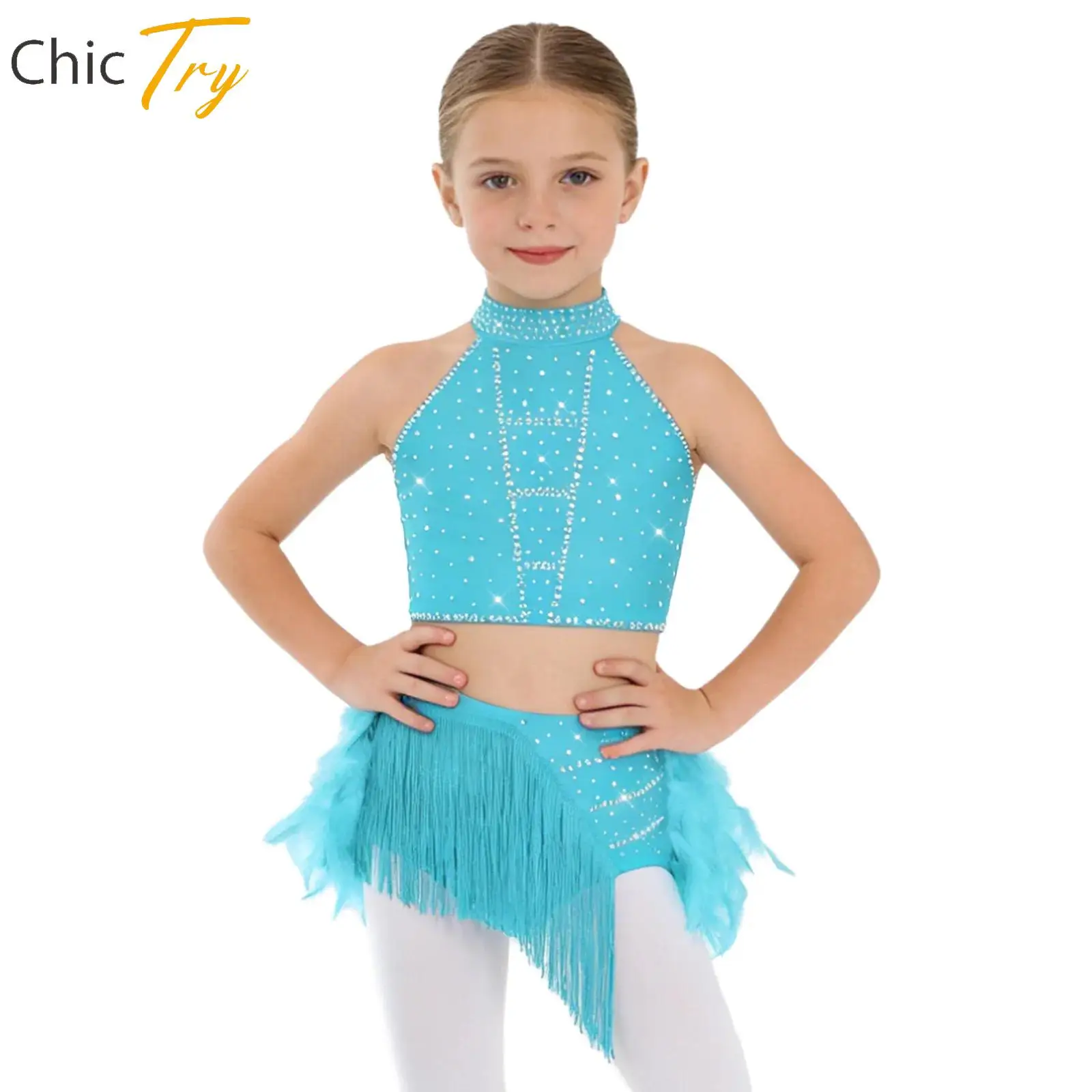 

Girls Ballet Dance Sets Gymnastics Latin Cha-Cha Samba Performance Costume Halter Sleeveless Crop Top+Tassels Feather Skirt Set
