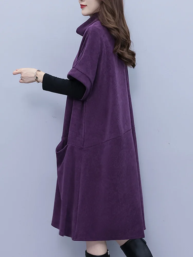 #7969 Autumn Winter Purple Turtleneck A-line Dress Raglan Sleeve Split Joint Pockets Elegant Pockets Korean Fashion Loose