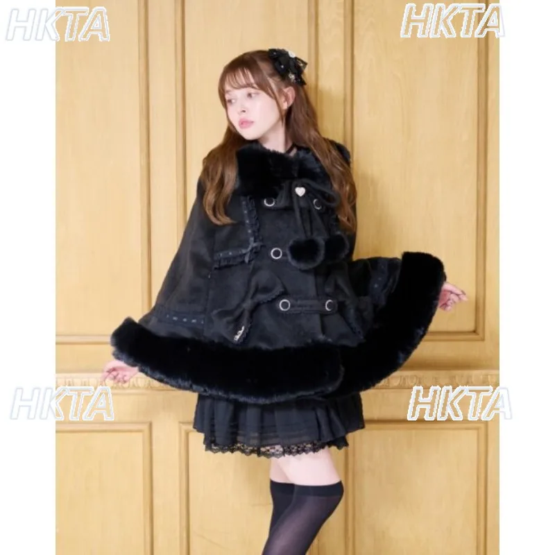 Japanese Liz Sweet Princess Faux Rabbit Fur Woolen Cape Coat Women Winter Fur Jacket Loose Warm Sweet Bow Lolita Cloak Coat