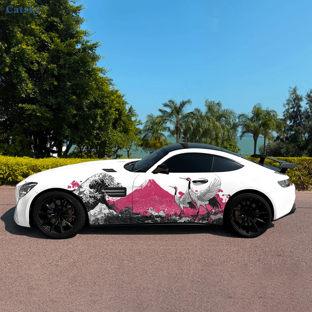 

Pink Crane Waves Mountain Car Vinyl Wraps Decal Self-adhesive PVC Sticker Suitable for Trucks SUV Decor Auto Accessories Gift