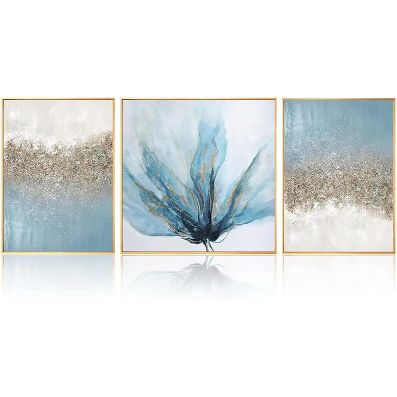 3 Pieces Canvas Wall Art for Living Room-Blue Abstract Oil Painting with Gold Foil for Office Home Decoration 20x52 inches