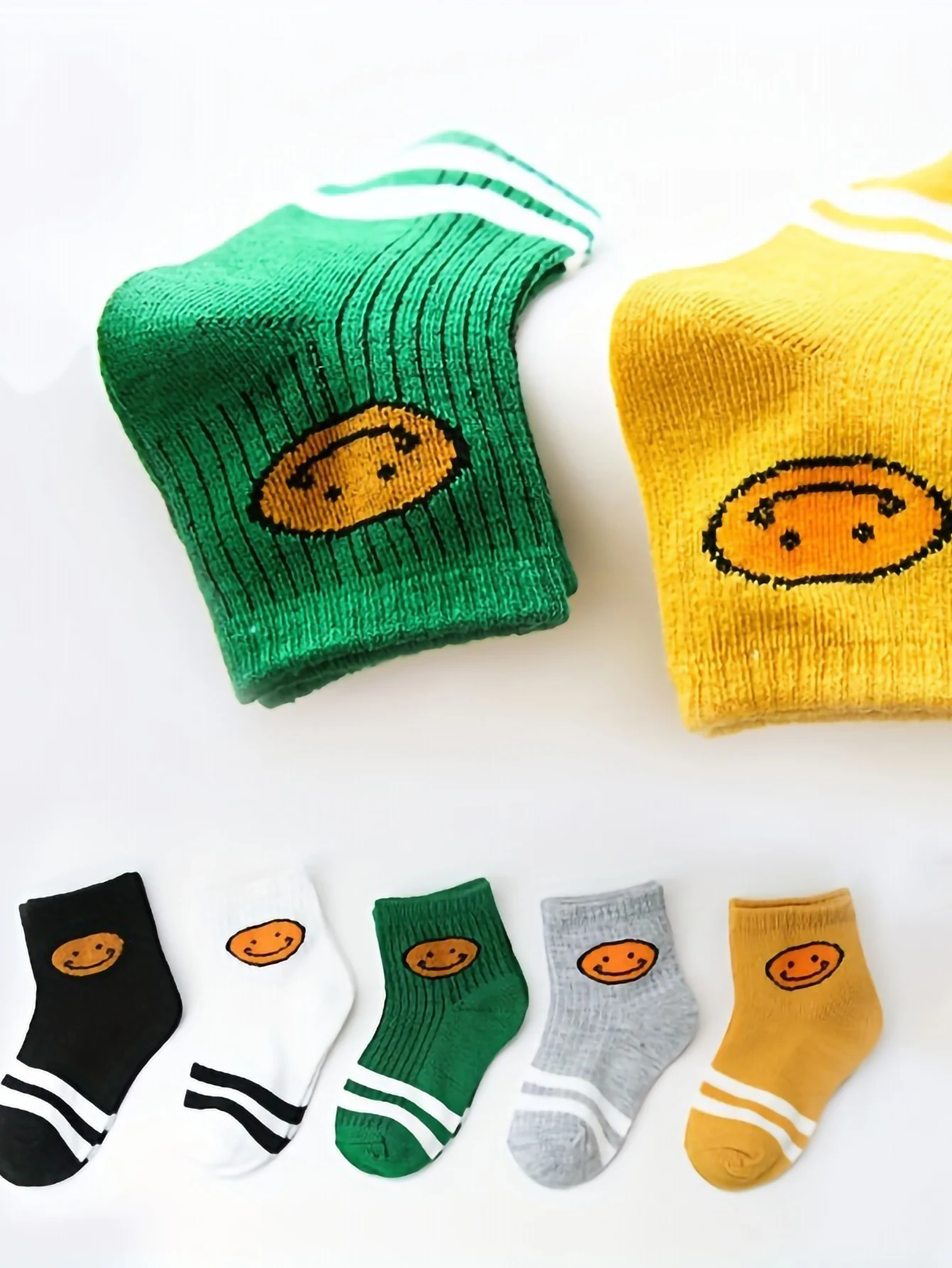 5 Pairs Cute Smile Print Kids Socks Two Stripes Cuff Soft Breathable Cotton Socks Toddler Boys Girls Daily Casual Sports Socks