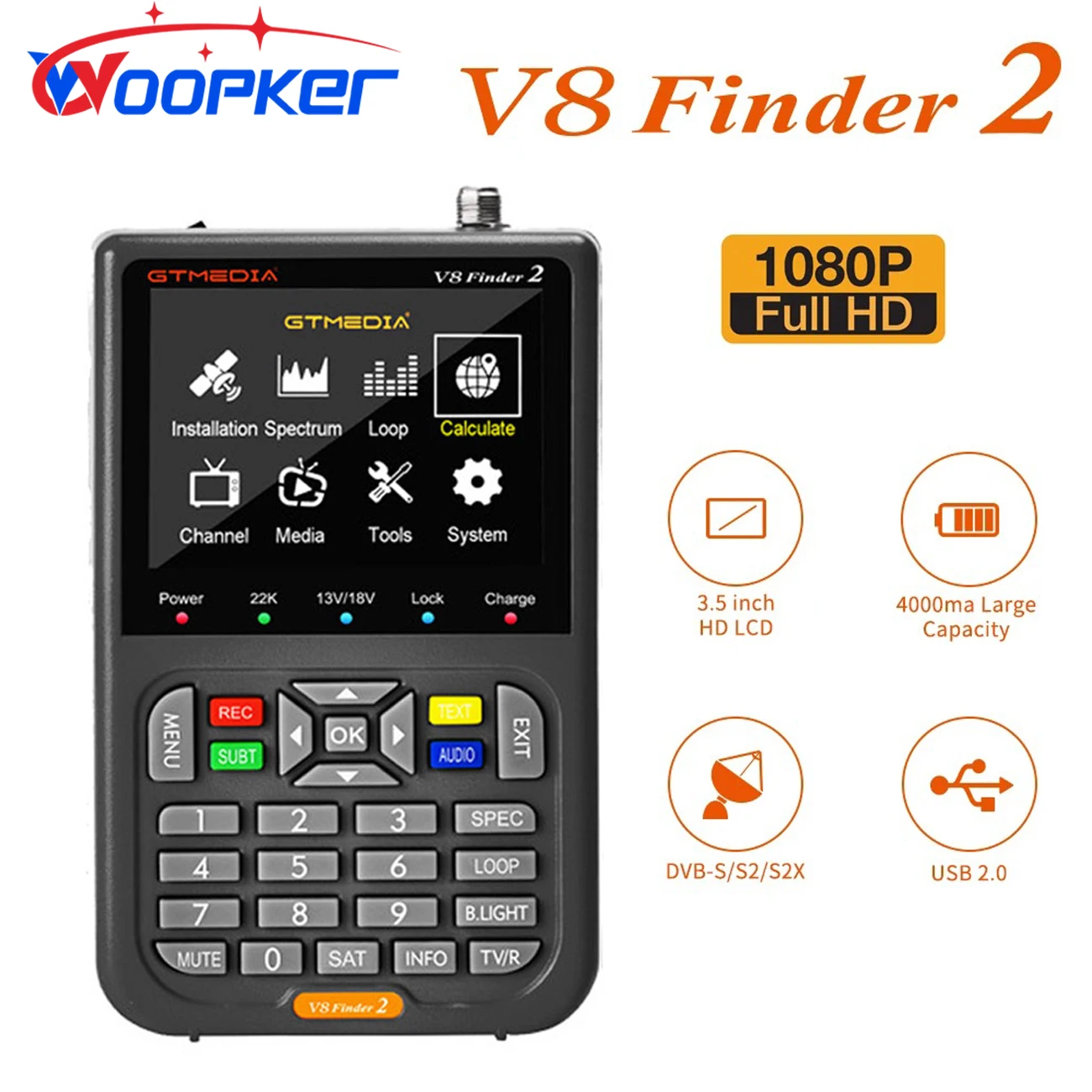 

Woopker V8 Finder2 Satellite Signal Detector FTA DVB-S/S2/S2X Digital Signal Receiver LCD HD Screen for Adjusting Satellite TV