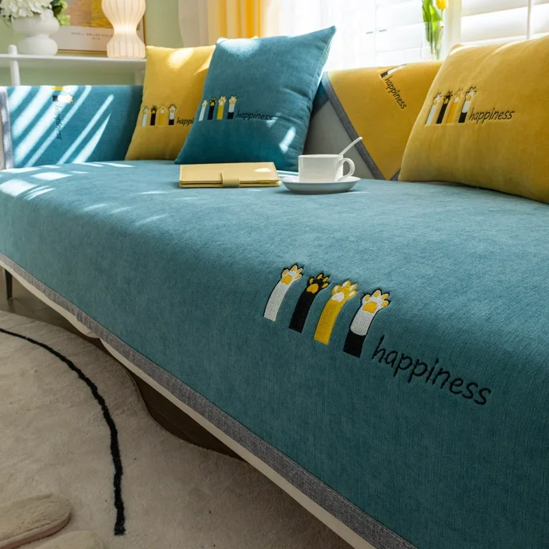

Cute Cats Embroidery Sofa Towel Universal Non-slip Solid Color Sofa Covers for Living Room L Shape Sectional Couch Towel Home