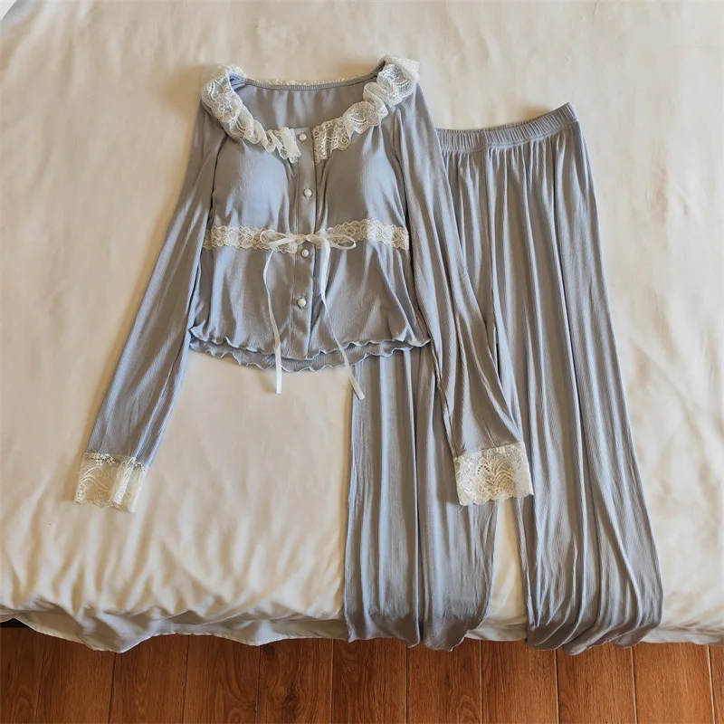 

Modal Long Sleeve Pajamas New Autumn Sleepwear Women's Pijama Chest Cup Home Clothes For Sleep Trousers Sets Pyjama Set