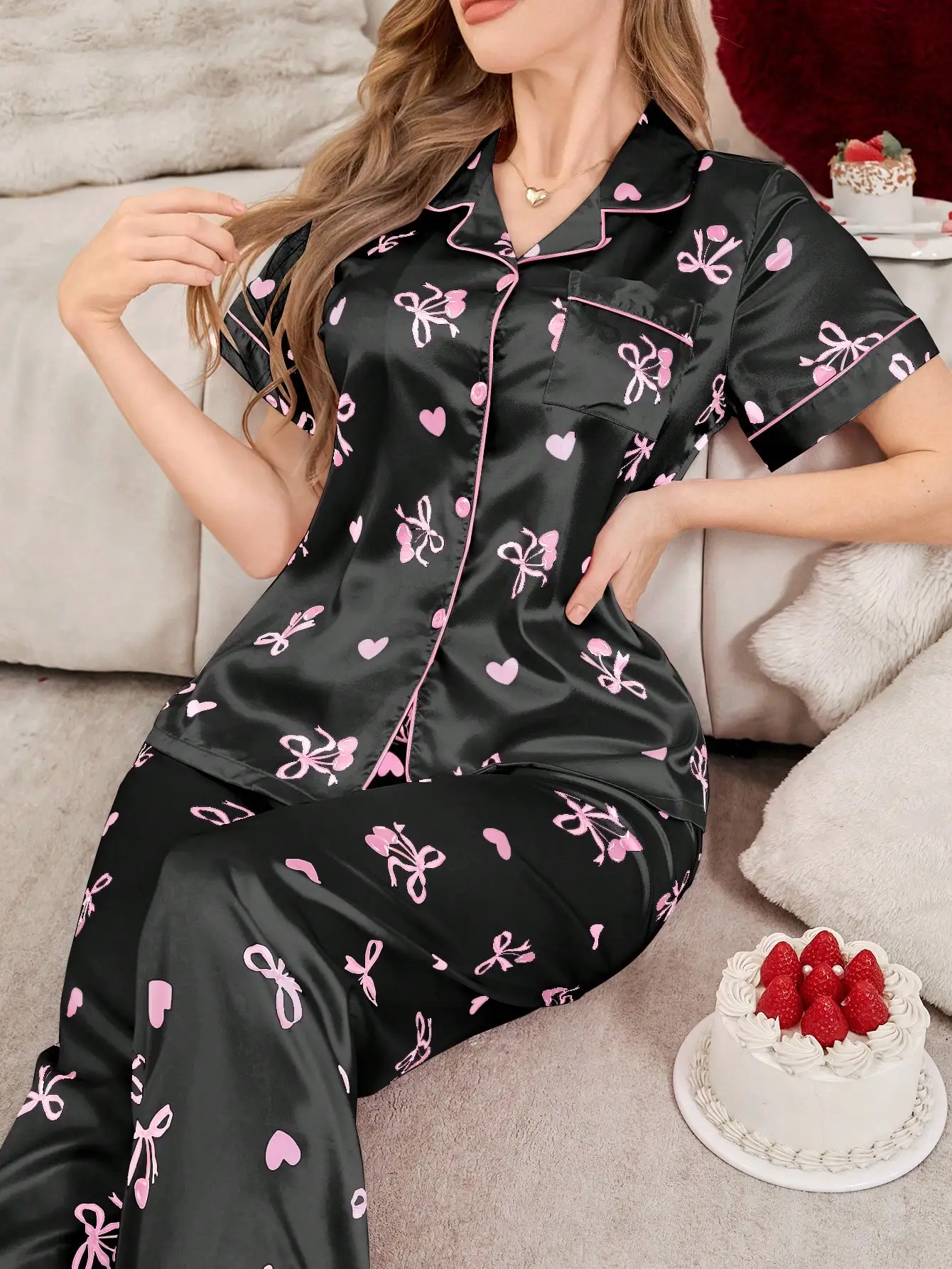 

Bow Tie & Cherry Print Lapel Cardigan Faux Silk Women Pajama Set Cherry Pajama Sets Sleepwear Casual Summer Luxury Loungewear