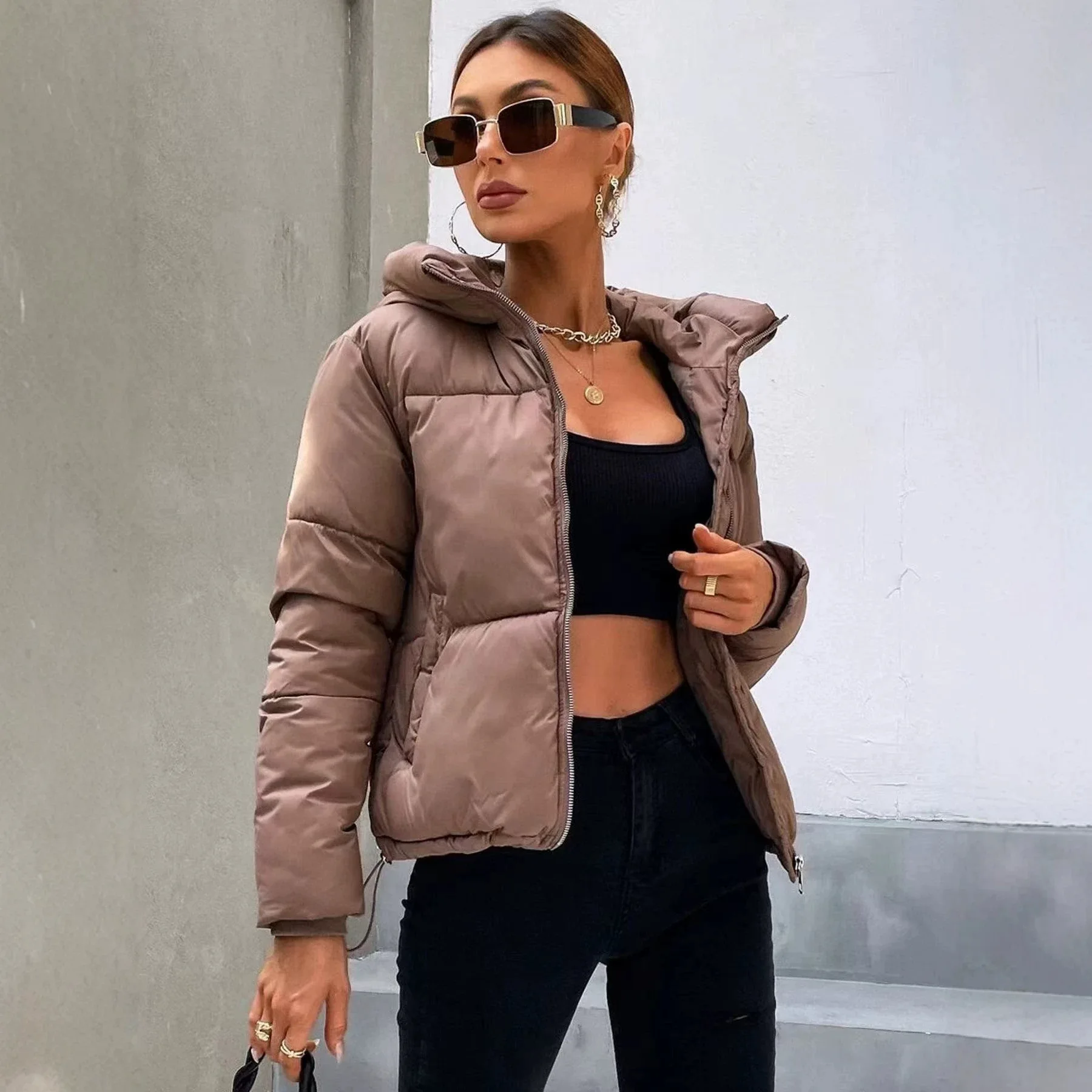Autumn and winter ladies coat cotton coat bread coat trim waist belt bow hooded cotton coat pocket zipper cold cotton coat