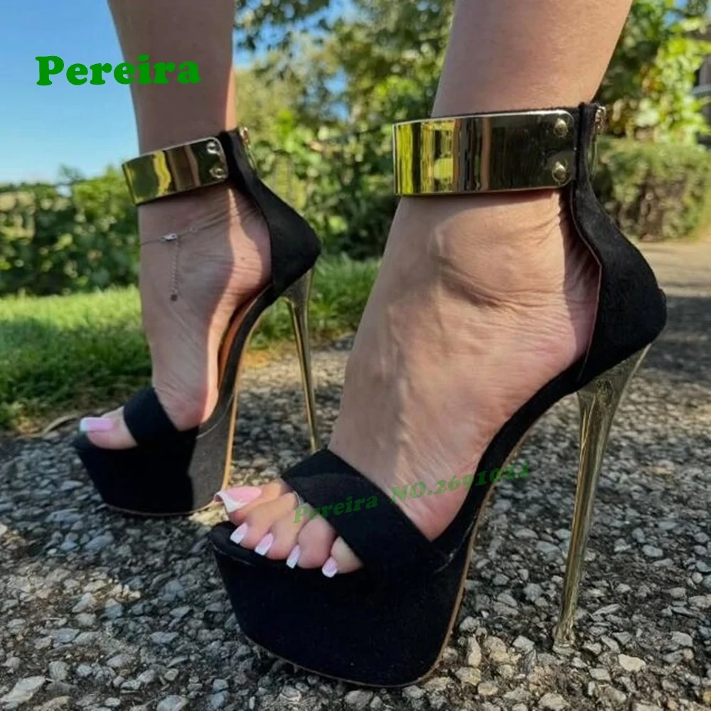 Metal Platform Stiletto Heels Sandals Open Toe Button Back Zipper Women's Sandals 2025 New Arrival Suede Side Air Runway Shoes