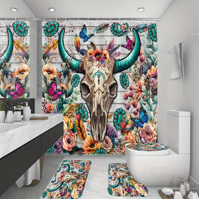 

4PCs boho skull printed shower curtain set, waterproof shower curtain with hooks, non-slip bathroom rug, toilet U-shape mat