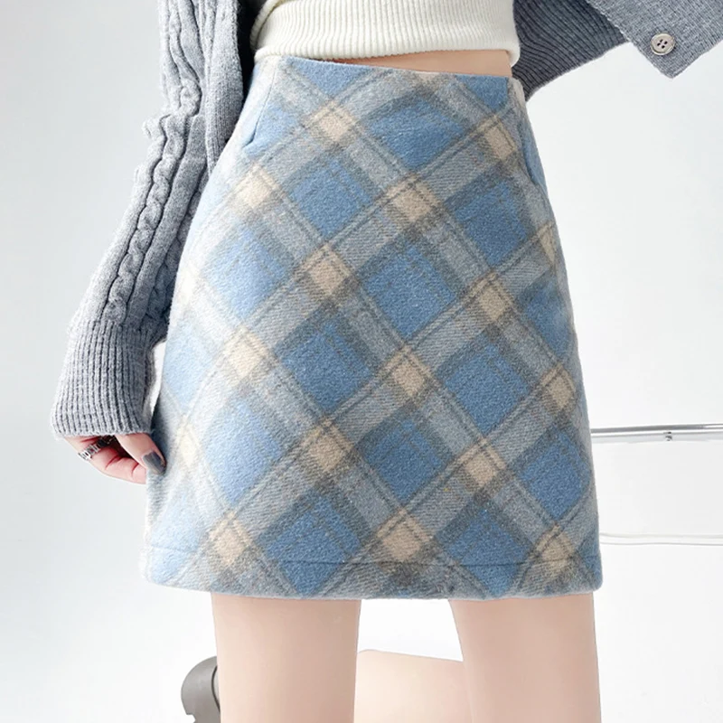 Women's Autumn Vintage Woolen Plaid Skirt Korean High Waist Hip Wrap A Line Skirts Woman Preppy Style Contrast Casual Mini Skirt