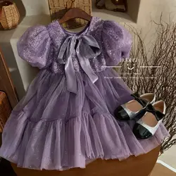 Birthday party Summer strap bow Bubble sleeve Girls Cake Purple Shiny Dresses princess childrens Daily Clothing Gauze Skirts