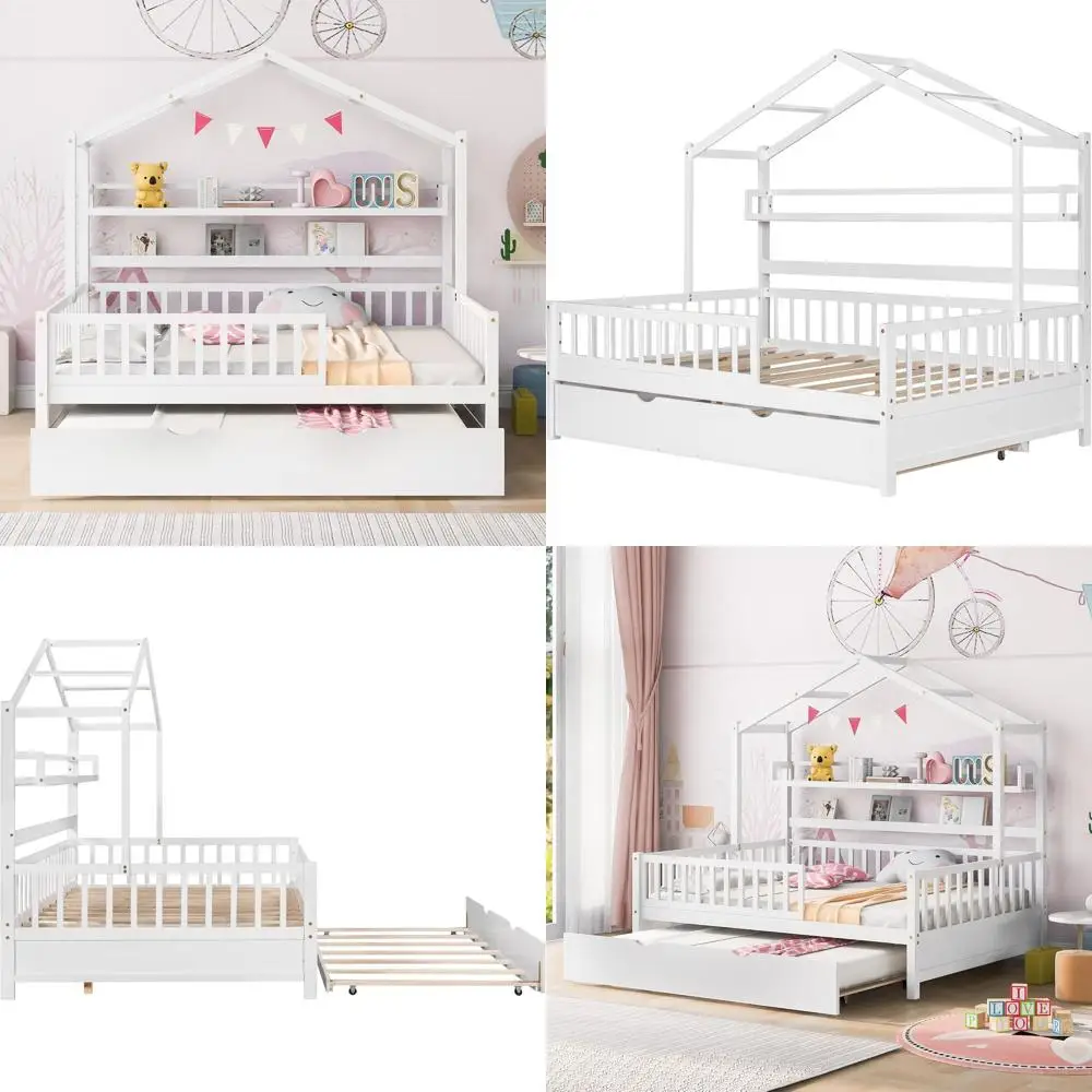 

Деревянная кровать-домик полноразмерная с выдвижной двуспальной кроватью и полками, белая