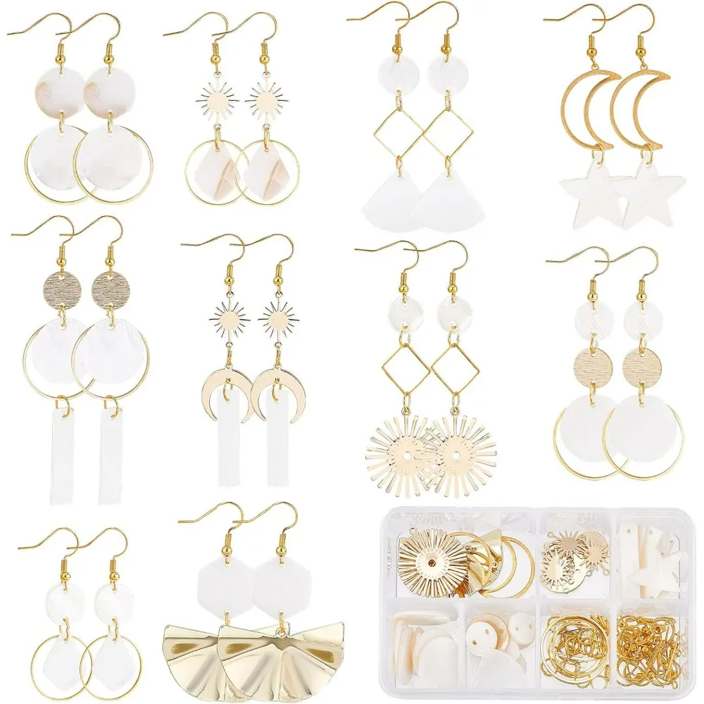 1 Box 10 Pairs DIY Shell Earrings Dangle Making Starter Kit Seashell Charms Sun Moon Star Charms Geometric Teardrop Beads