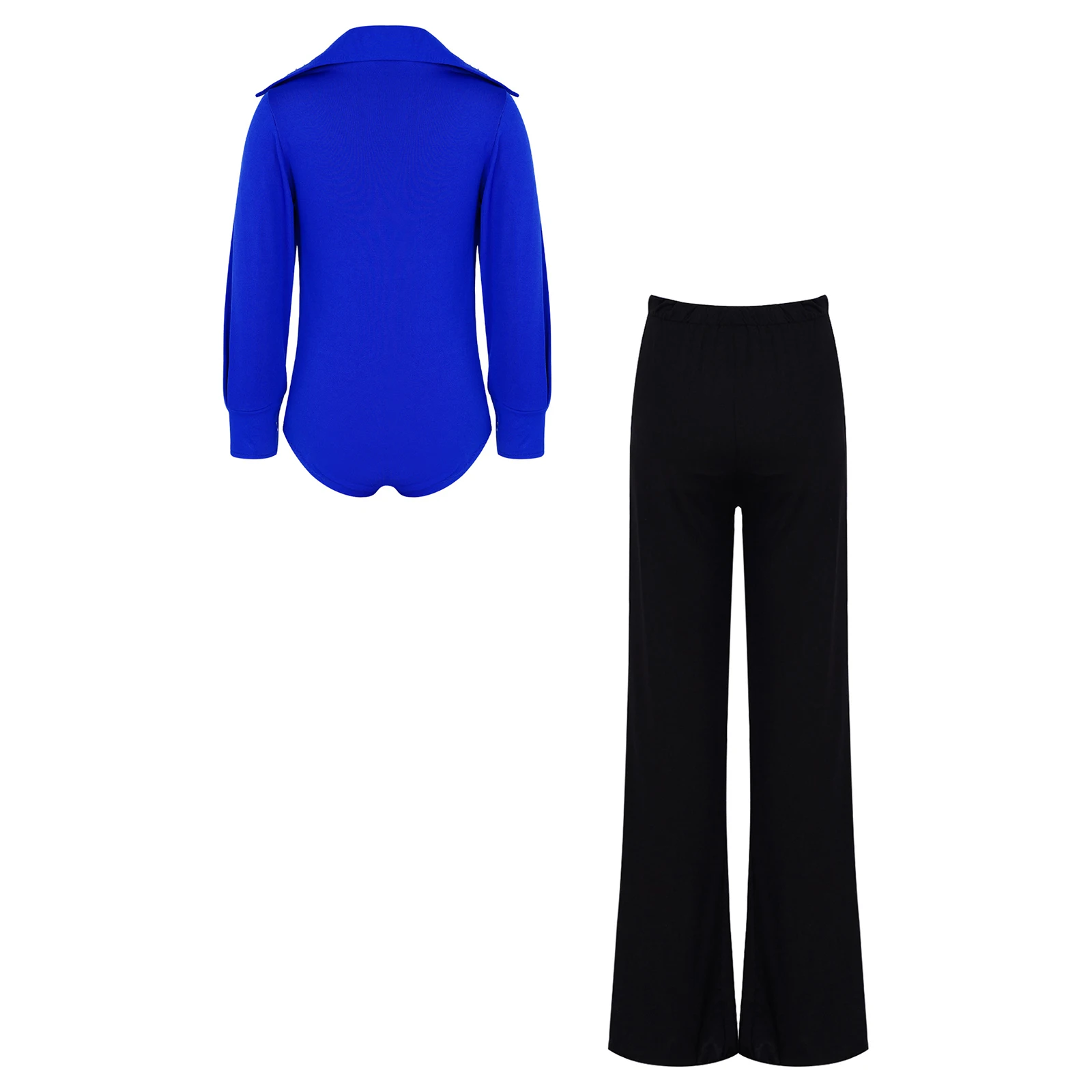 Kids Boys 2-piece Latin Dance Outfit Turn-down Collar Long Sleeve Ruffles Leotard with Pants for Rumba Tango Performance Set