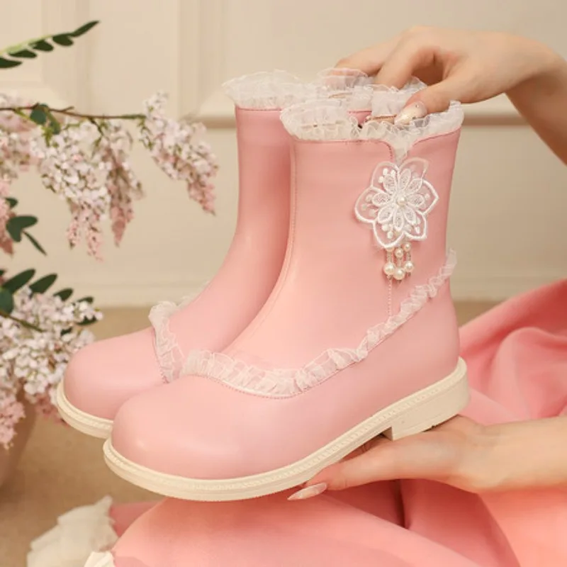 

Женские ботильоны, женская обувь, милые кружевные ботинки с бусинами в стиле Лолиты, милые ботильоны на платформе для косплея для девочек, женские ботильоны на среднем каблуке, розовый, белый цвет