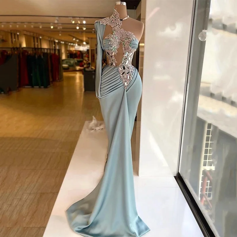 

Sexy One Shoulder Long Evening Dress 2025 Mermaid Beaded Crytals Saudi Arabia Formal Night Cocktail Party Prom Gowns Customized
