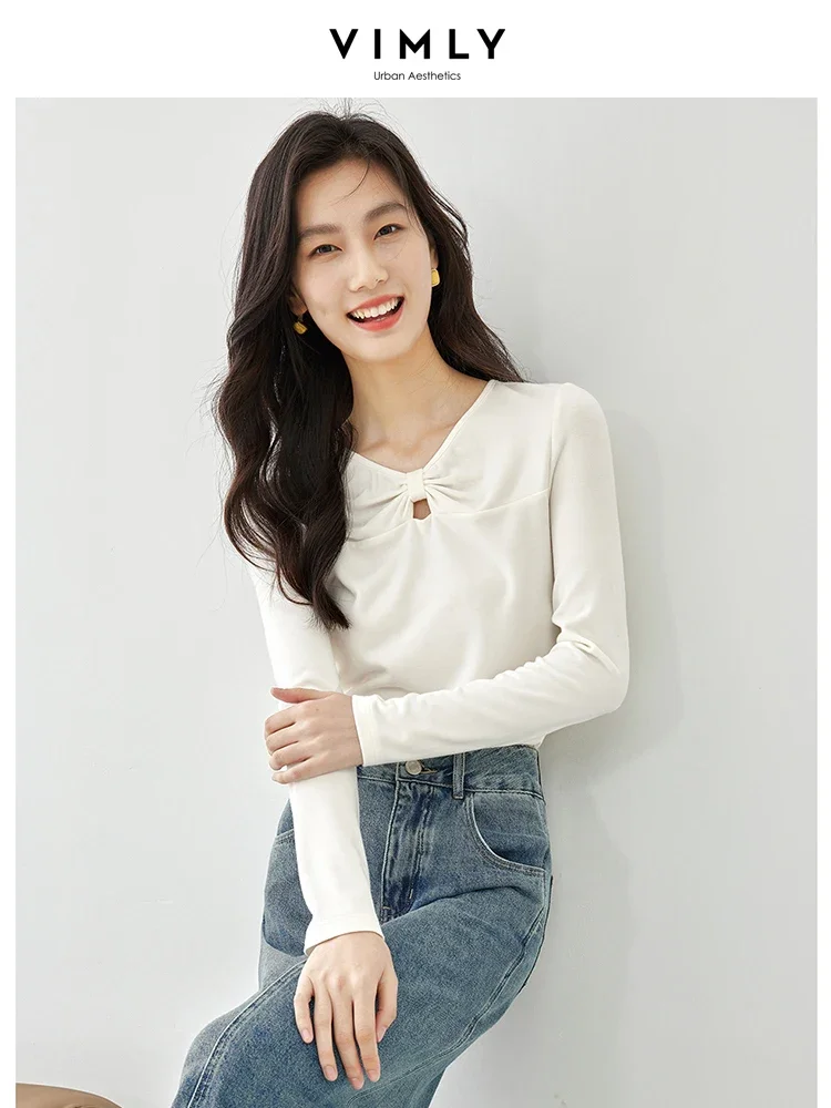 

VIMLY Long Sleeve White T-Shirts for Women Autumn 2023 Fashion Cut-Out Bow V-neck Straight Tops High Strecth Basics Tees M3257