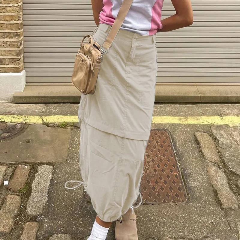 Women Midi Cargo Skirt Casual Baggy Loose Cargo Skirts Women Big Pockets Streetwear Drawstring Hem Low Waist Hippie Long Skirt