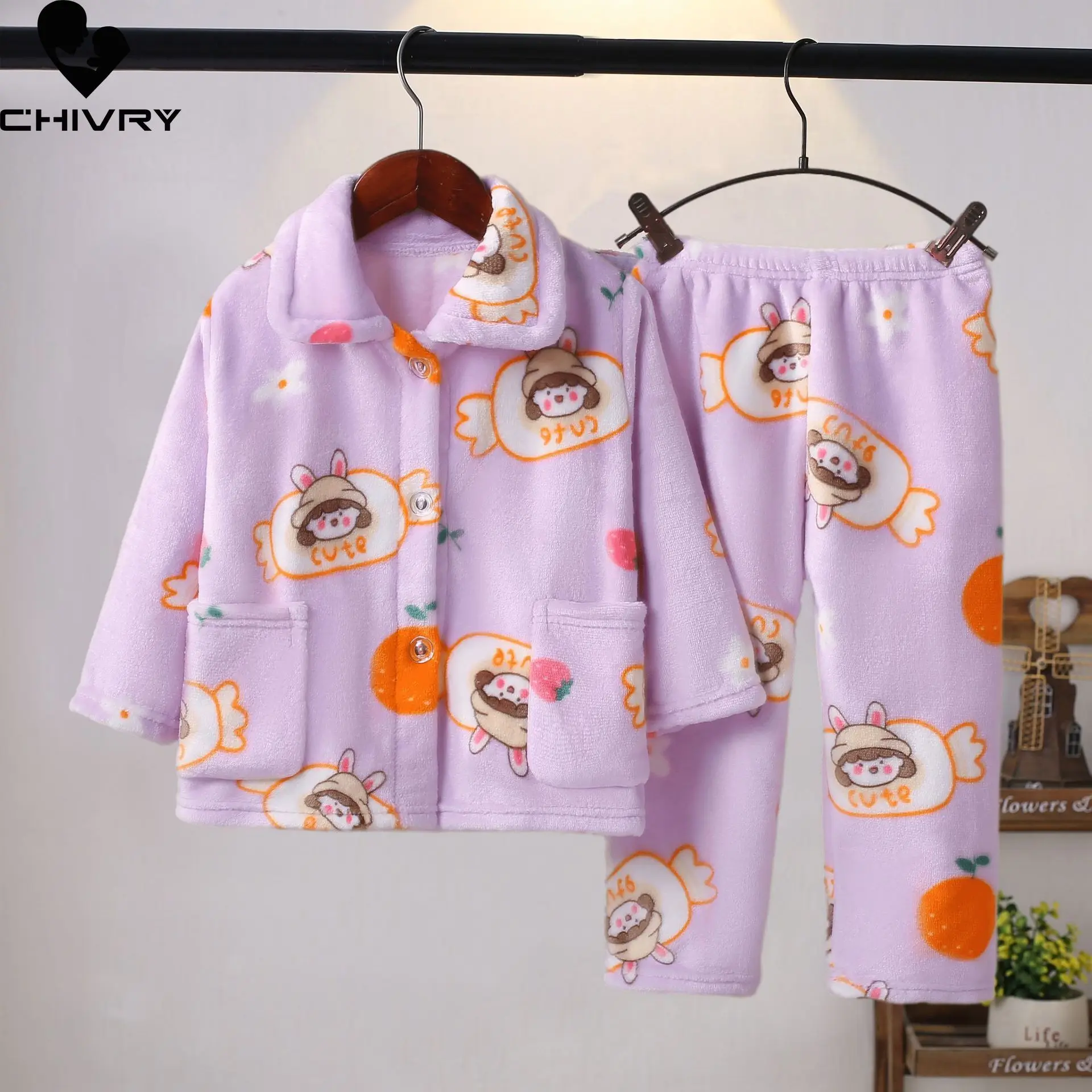 New Kids Boys Girls Autumn Winter Flannel Warm Pajamas Cartoon Long Sleeve Lapel Tops with Pants Baby Sleeping Clothing Sets