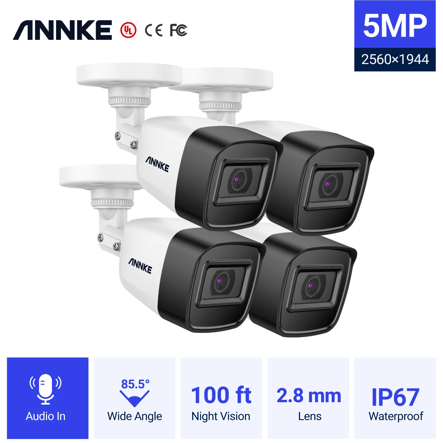 

ANNKE 4pcs 5MP HD IP67 Weatherproof Two Way Audio in Cameras Kit Indoor Outdoor H.265+ Analog CCTV Security Camera Built in Mic