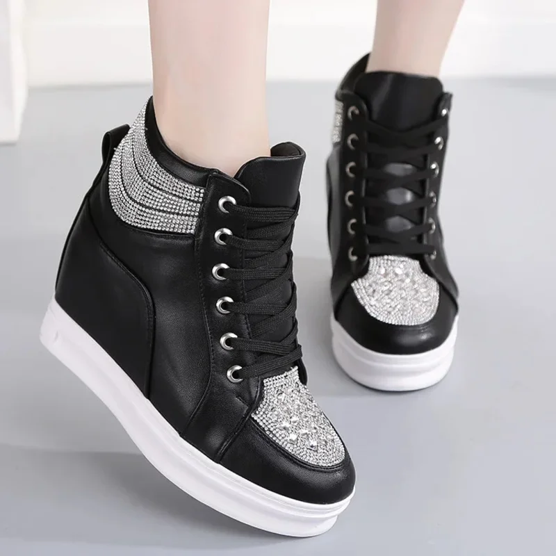 8CM Women's Flats pu White Black Rhinestone High Top Women's Vulcanize Shoes Lace-Up Increase in height Wedge Heels Shoes