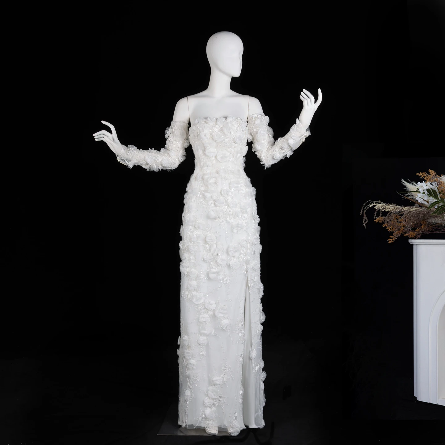 Sharon Said High Quality 3D Flowers White Tulle Straight Wedding Dress 2026 Long Sleeves High Split Bride Gowns SW085 Customized