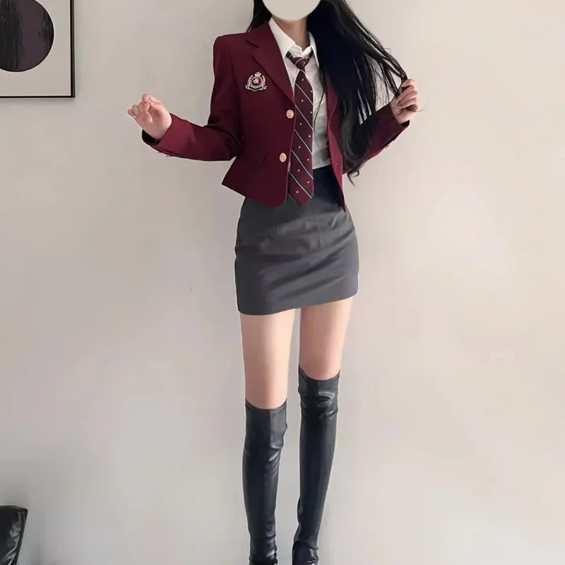 3 Stück Frauen Kleidung Rock Sets Frühling Herbst Langarm Japan süße JK Uniform Preppy Style Mode lässig Blazer Mantel Anzug