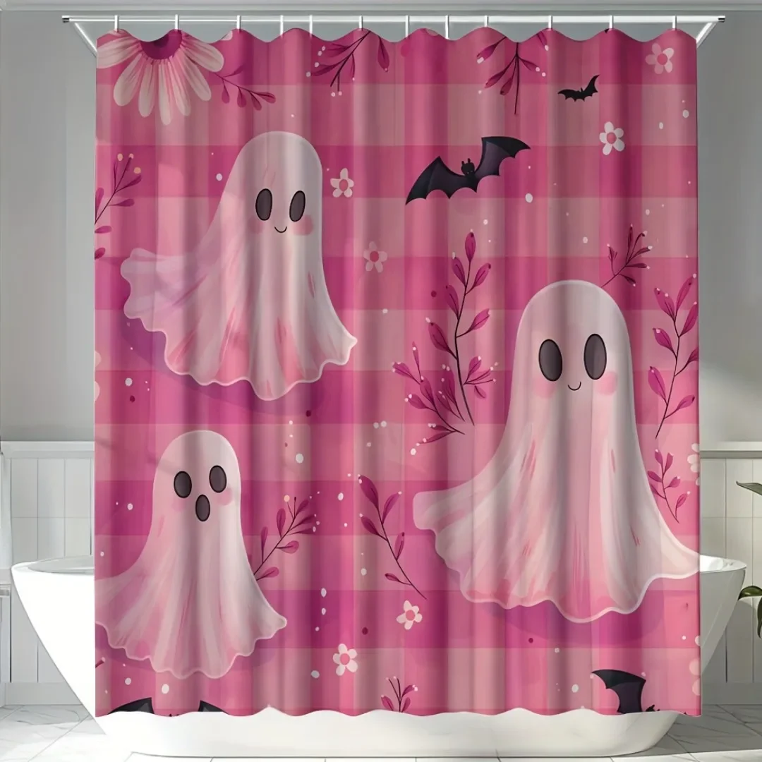

1pc Pink Happy Halloween Shower Curtain Ghost Bats Printed Waterproof Polyester Bath Curtain for Halloween Bathroom Decoration