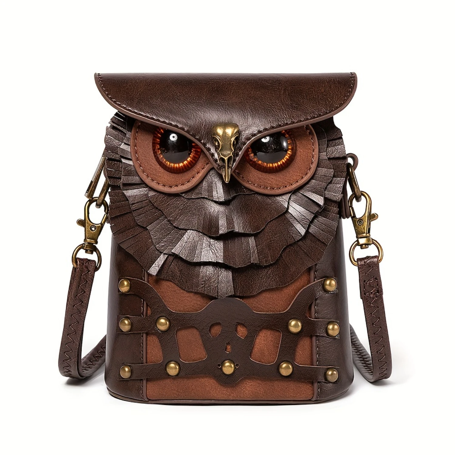 Unique Geometric Owl Steampunk Crossbody Bag - Compact Coin Purse & Cell Phone Carrier with Buckle Closure, Polyester Lining, an