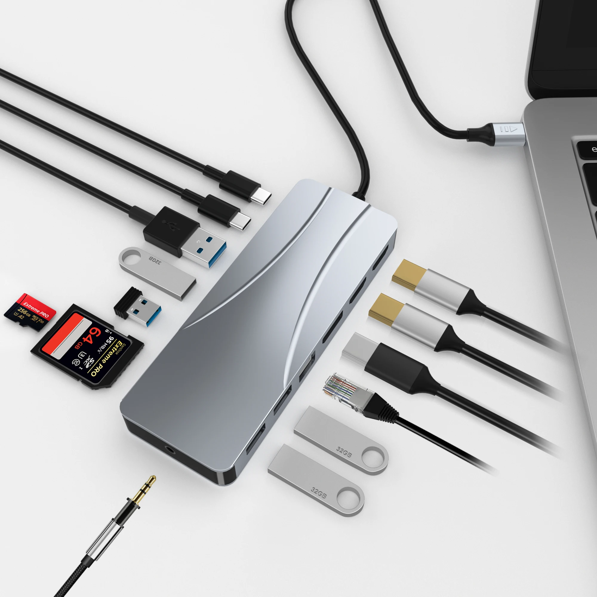 USB C Hub,14 in 1 Type C Adapter Docking Station with 2 HDMI and DP,60W Power Delivery,1 Gbps Ethernet,TF Card Slot,3.5mm Audio