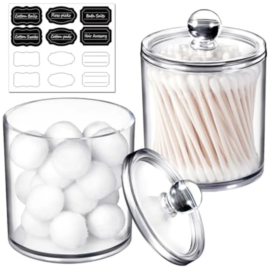 2 Pack Acrylic Qtip Holder with Labels, Qtip Jars for Bathroom Shatterproof Plastic Apothecary Jars Vanity Cotton Swab Holder C