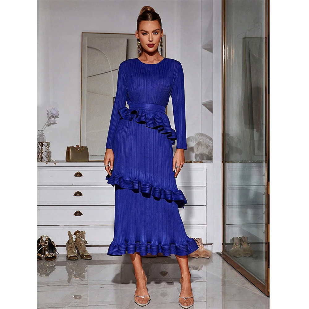 Women Blue Pleated Bodycon O-Neck Long Dress 2024 Chic Ruffled Mermaid Dress Spring Autumn Elegant Party Dress Slim Belted Gown