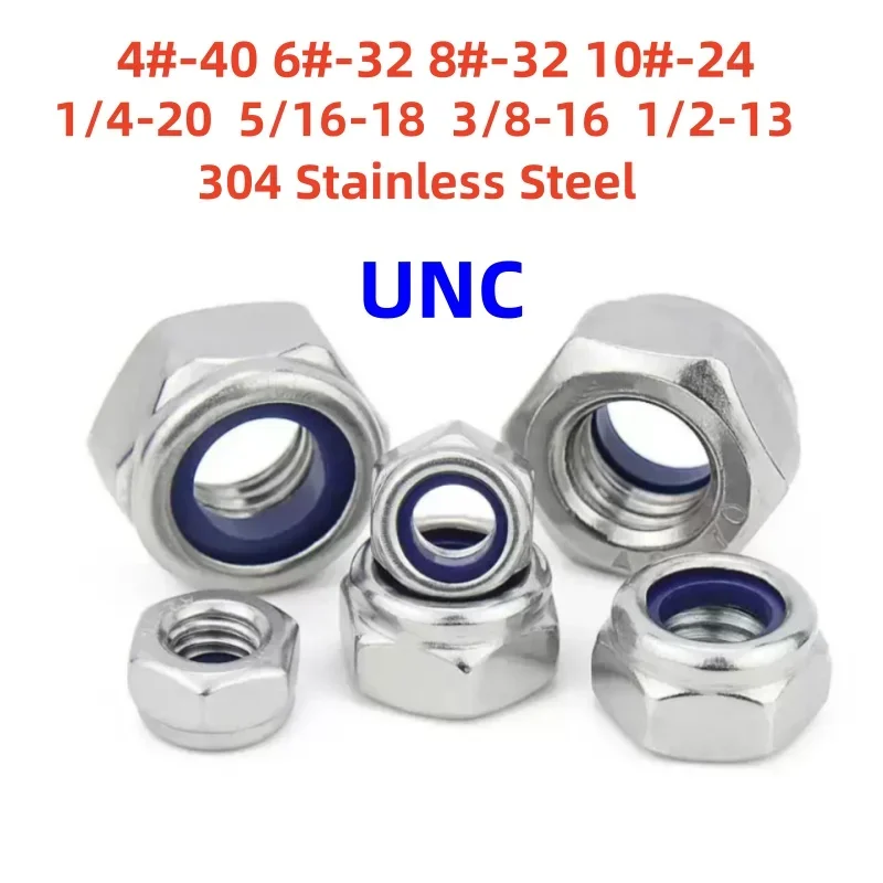 UNC 304 Stainless Steel Nylon Lock Nut 4#-40 6#-32 8#-32 10#-24 1/4-20 5/16-18 3/8-16 1/2-13 Hexagon Nylon Insert Self Lock Nut