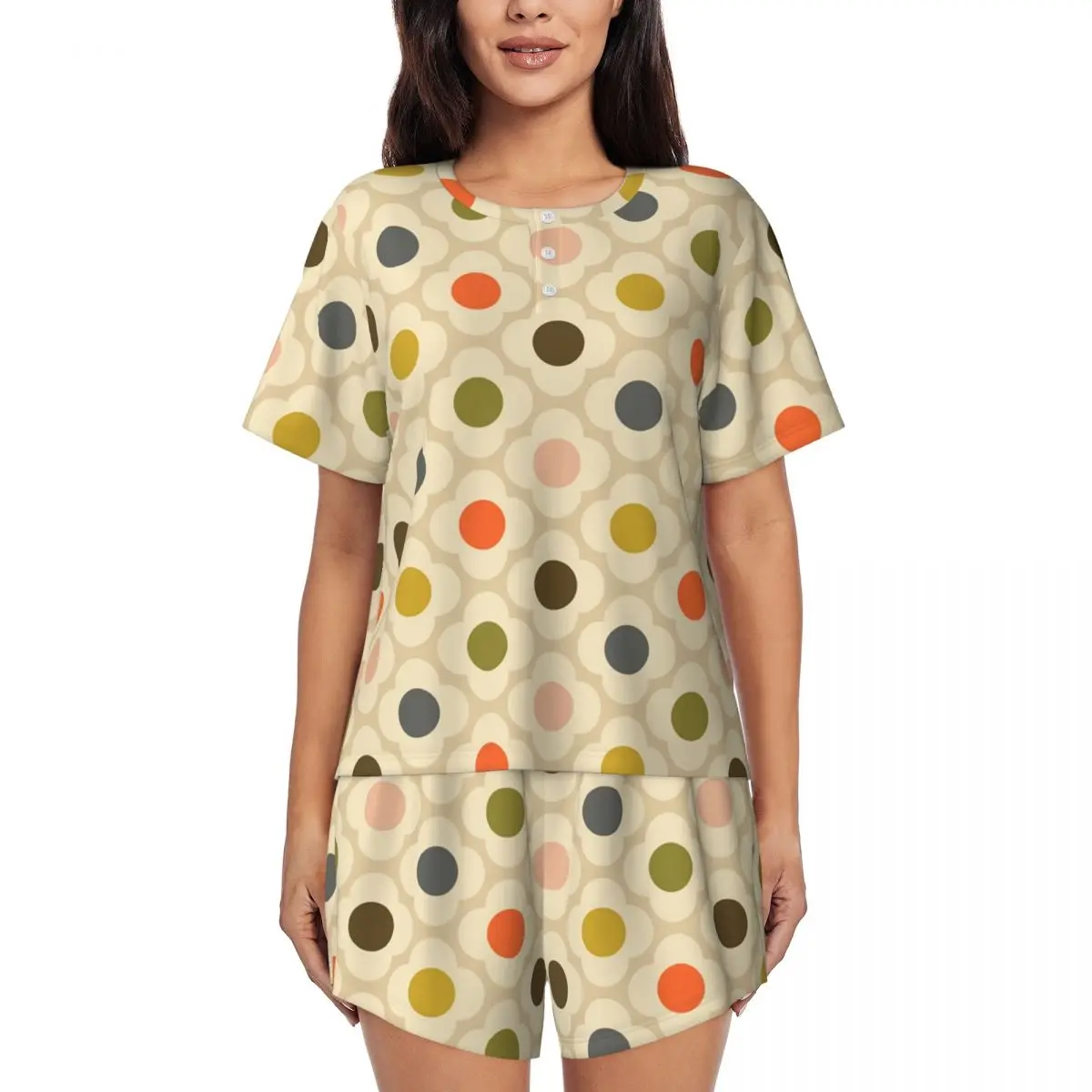 Custom Orla Kiely Flower Spot Summer Pajamas Set 2 Piece Short Sleeve Scandinavian Floral Sleepwear Loungewear PJ Shorts Sets