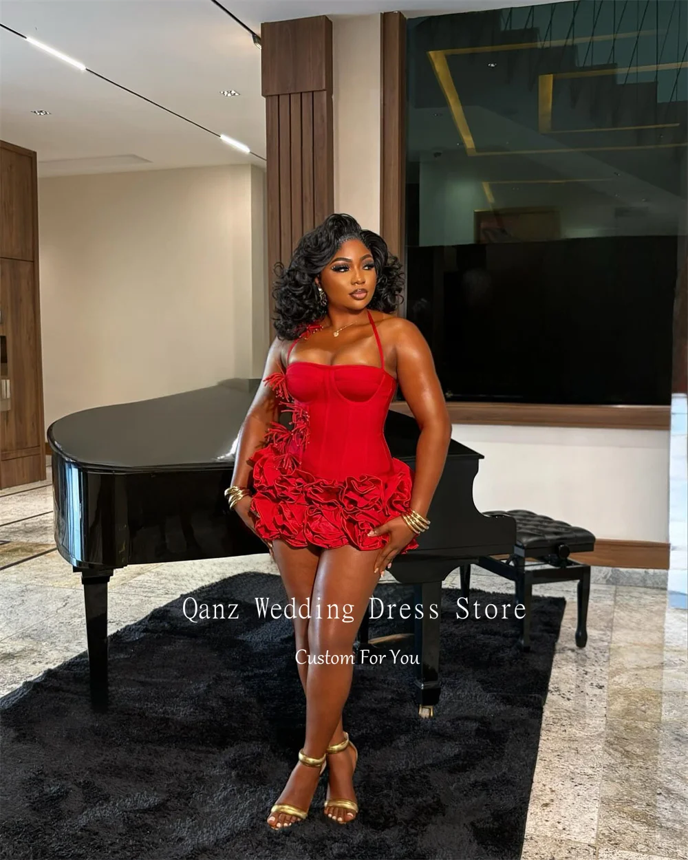 Qanz Red Birthday Dresses Baddie Black Girl Halter Neck Mini Prom Dresses Sweertheart Ruffles Qanz Red Birthday Dresses Baddie Black Girl Halter Neck Mini Prom Dresses Sweertheart Ruffles