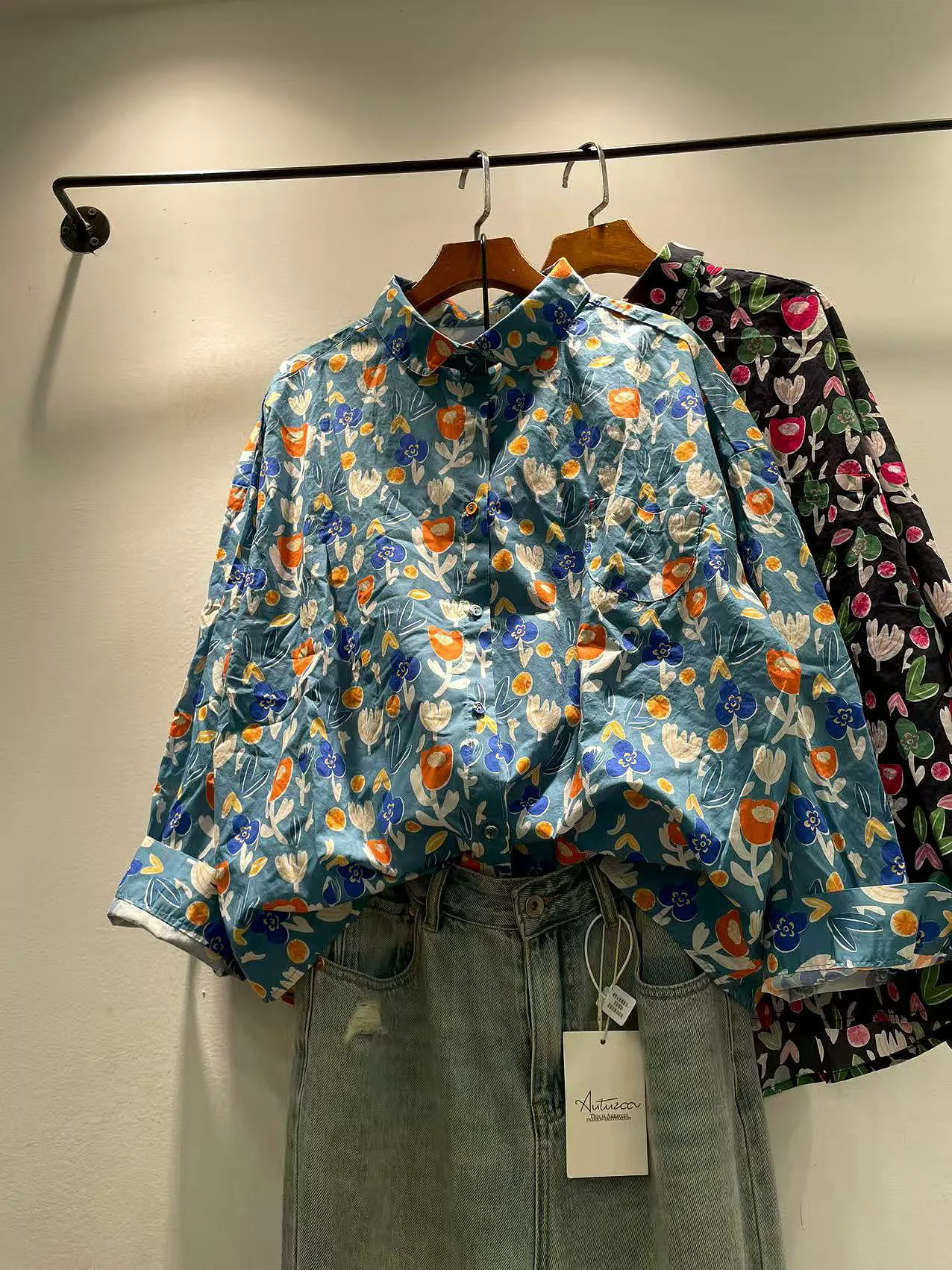 

Autumn Women's Loose Fit Cotton Long Sve irt Tulip Print Turn-down Collar Single Button Pure Cotton Fem Blouse