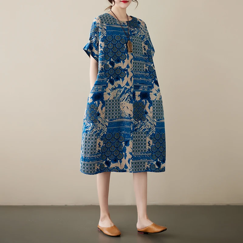 

Новое летнее женское платье миди больших размеров из хлопка и льна с винтажным цветочным принтом, художественное, до колен, элегантное, свободного кроя, повседневное
