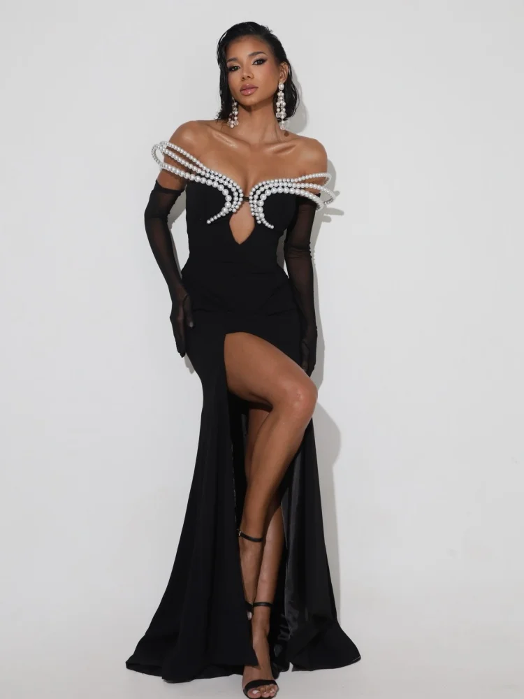 

Women's Elegant Black Off-Shoulder Evening Dresses with Pearl Embellishment and High Slit for Formal Events & Weddings Vestidos