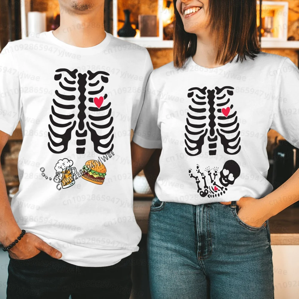 2026 Herren Halloween Skelett Schwangerschafts-Baby Halloween T-Shirt Totenkopf-Knochen-Druck Kurzarm Damen Herren Halloween Paar T-Shirt – Detail 24