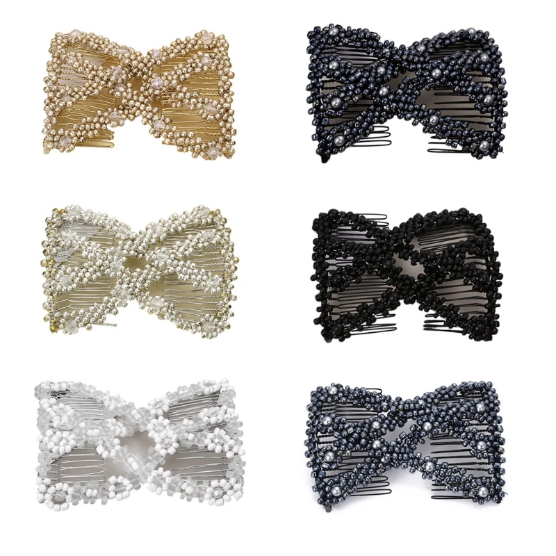 Womens Handmade Twist Rhombus Beaded Magic Hair Side Combs Jewelry Stretchable Styling Double Clips Hairpins Ponytail Bun Maker