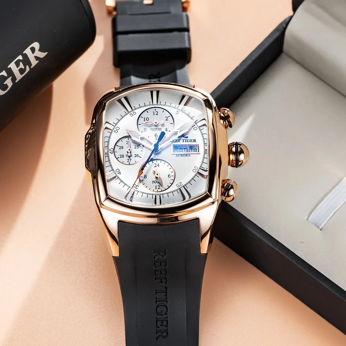 Reloj Automático Reef Tiger para Hombre, Reloj de Pulsera Mecánico Tonneau, Deportivo, Luminoso, con Espejo Abombado, Multifunción, Fecha, Día de la Semana, 24 Horas