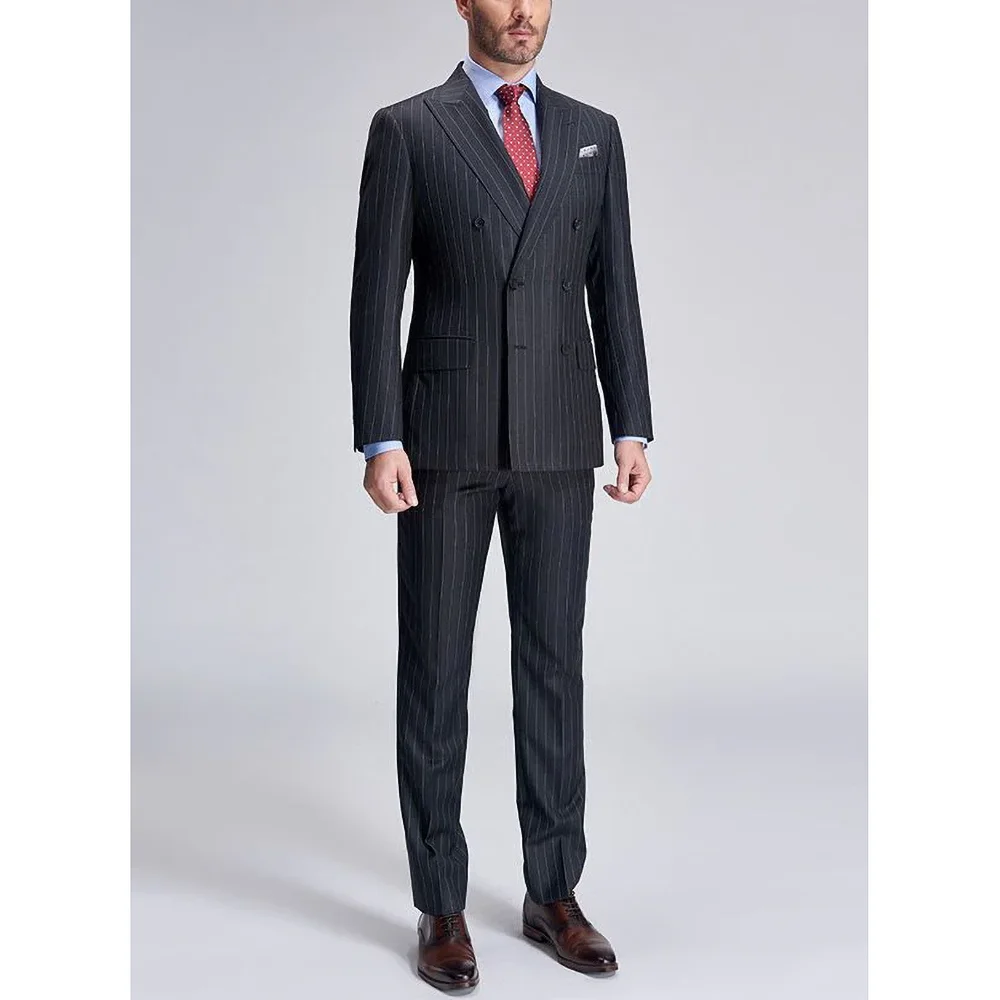 Black Striped Men Suits Peak Lapel Double Breasted Two Piece High-end Business Casual Office Formal Suit Slim (Jacket+Pants)