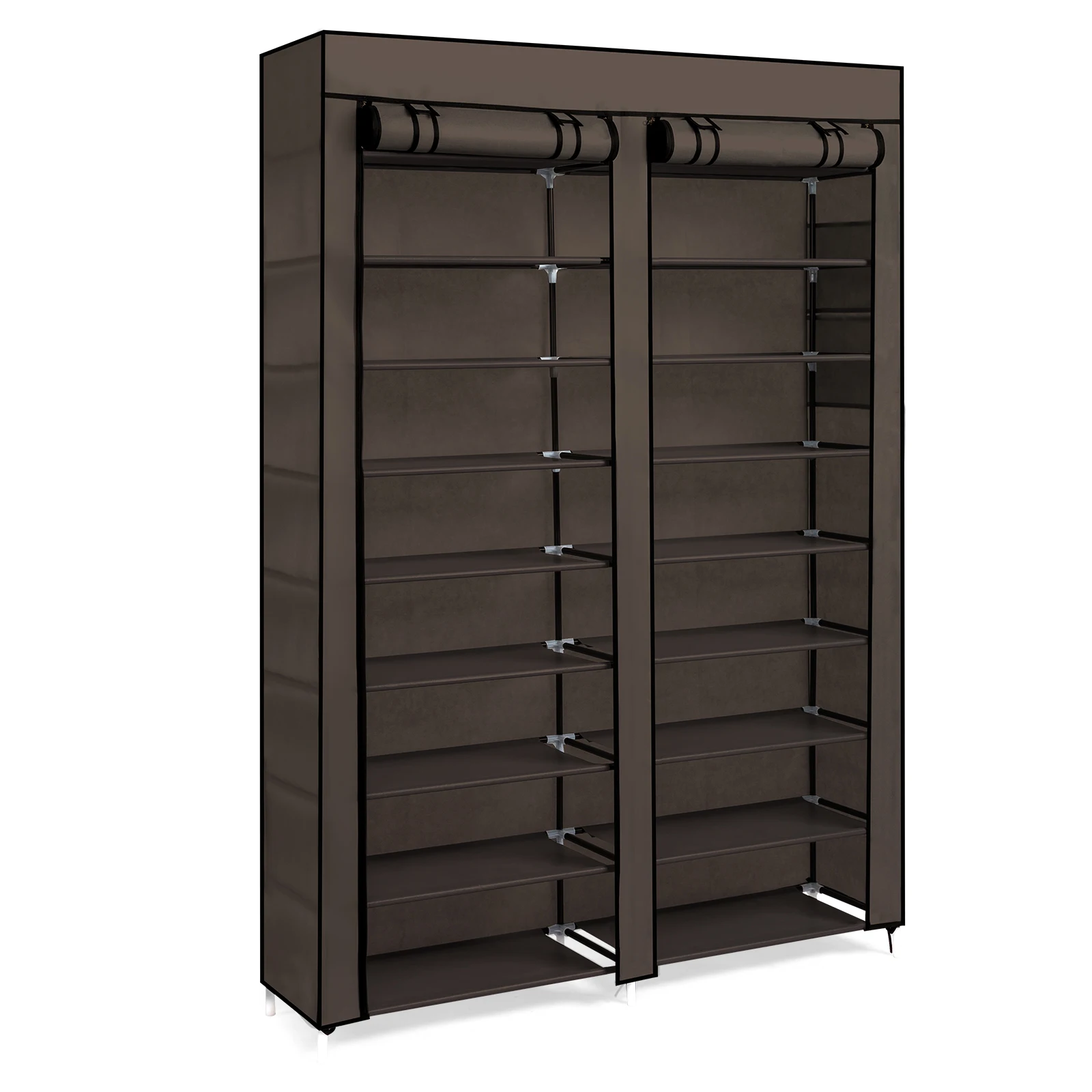 Double Row 10-Tier Non-Woven Fabric Shoe Cabinet with Iron Pipes and Plastic Components, Brown
