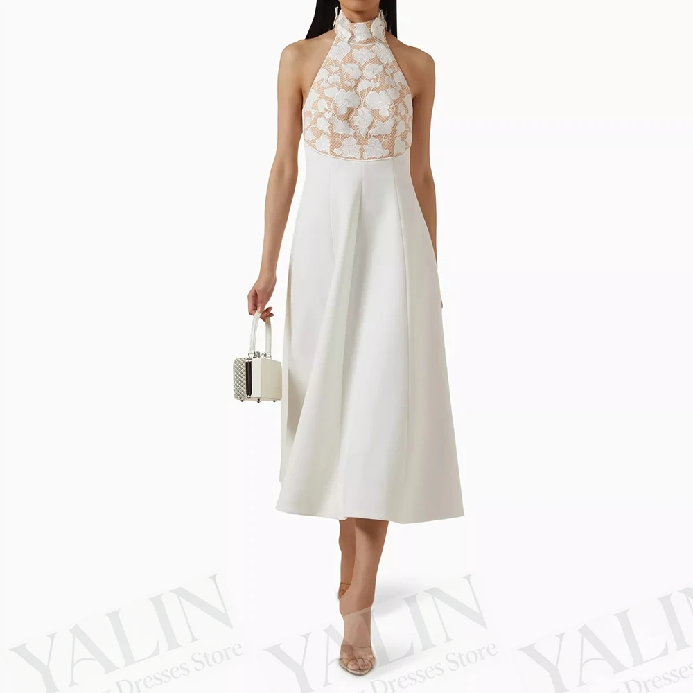 

Women's A-line Evening Dresses Tea-length High-neck Sleeveless Prom Gown Fashion Flowers Simple Draped Casual Customized Gowns