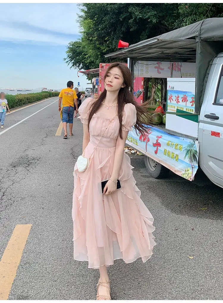 

Vestidos 2024 Summer Korean Chiffon Fairy Dress Women Square Neck Short Sleeve Princess Dress Female Pink Sweet Ruffle Dress