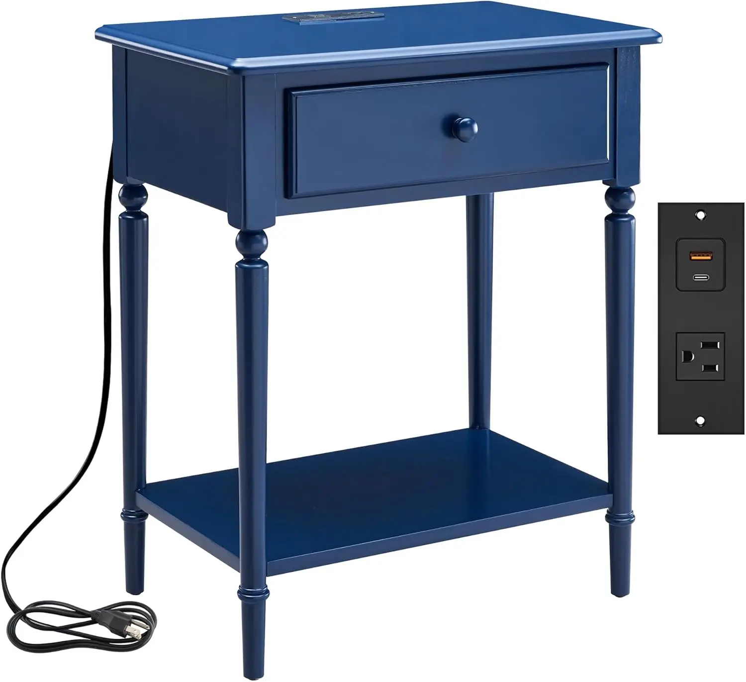 Leick Home 20022-Nv Coastal Nightstand Side Table One Drawer Traditional Usb-C Fast Charging Station, A/C And Usb Charging Port