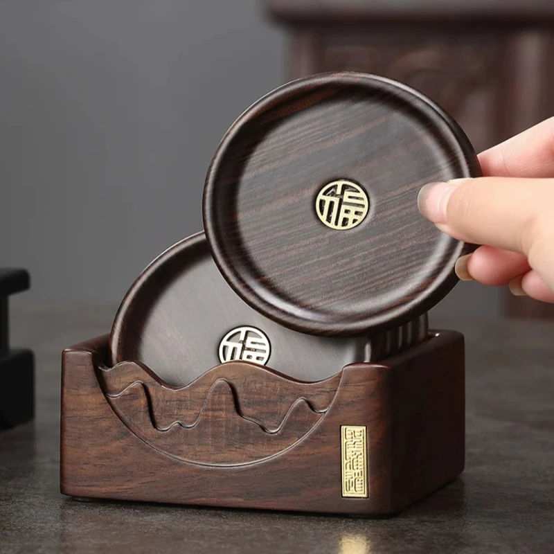 High-end ebony inlaid copper teacup holder household solid wood insulation pad Kung Fu tea set accessories tea room tea saucer