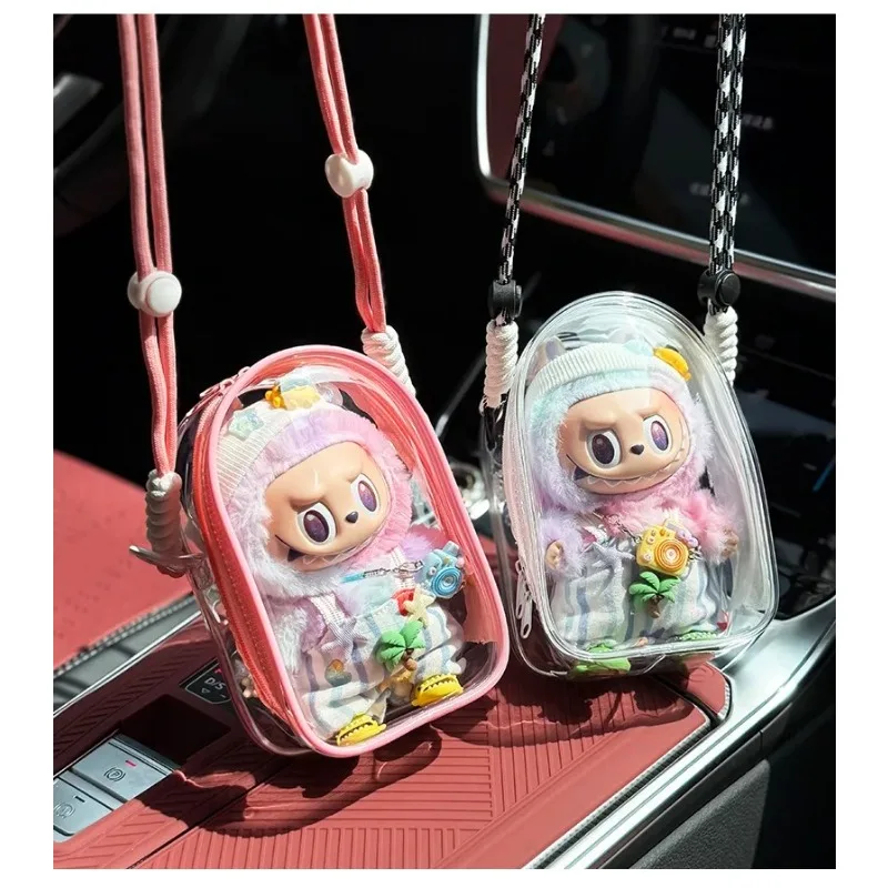 

For Labubu Transparent Protector Case Slippery 17cm doll Bag Colorful Organizer Box Outdoor Display Bag With Keychain Ropa