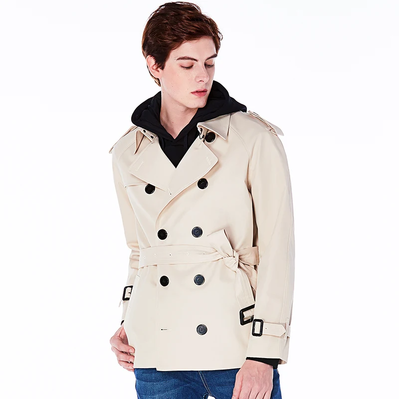 Men's Short Double Breasted Trench Coat - British Style Rainproof Cotton Polyester Blend Custom Fit