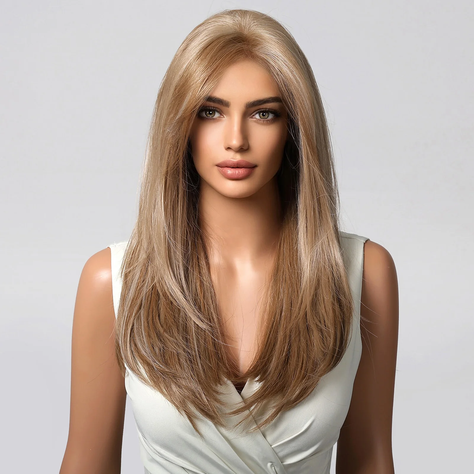 HENRY MARGU Blond Brown Synthetic Lace Wigs Long Layered Straight Wigs 13*6 Lace Front Wig for Women Natural Looking Daily Use